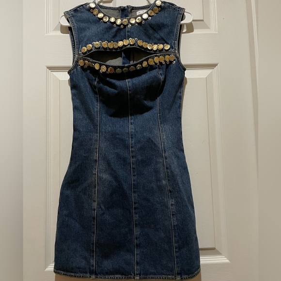 Area Crystal Button Studded Cutout Denim Mini Dress - Picture 1 of 9